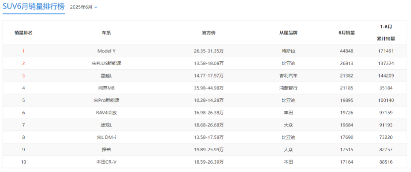 2025年6月SUV销量排行榜：Model Y位列第一