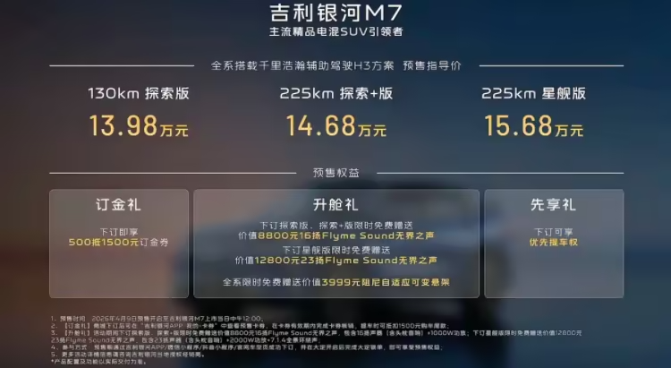 下订立省1000元！吉利银河M7正式预售，13.98万起